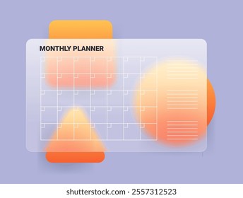 Monthly glass morphism planner on gray background. Abstract vector template illustration