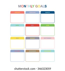 Monthly goals calendar template for year 2016. Colorful blank months organizer, diary, planner for important goals. With place for notes.