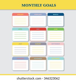 Monthly goals calendar template for year 2016. Colorful blank months organizer, diary, planner for important goals. With place for notes.
