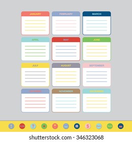 Monthly goals calendar template for year 2016. Colorful ruled months organizer, diary, planner for important goals. With circle icon stickers and place for notes.