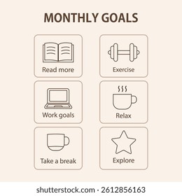 monthly goals line icon set containing Week, Day, Milestones, Goal.