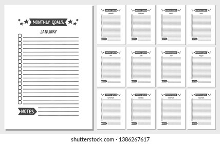 Monthly Goals. Vector Template for Agenda, Planner and Other Stationery. Printable Organizer for Study, School or Work. Objects Isolated on White Background.