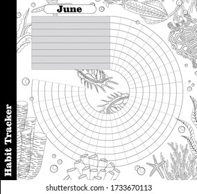 Monthly habit blank tracker template. June. A familiar tracker. organization and planning of affairs.