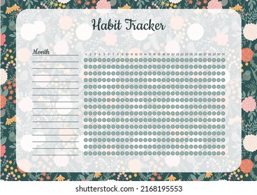 Monthly habit planner blank template with hand draw flowers.Bullet journal template