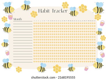 Monthly habit planner blank template with hand drawn bees and honeycombs. Bullet magazine template with summer concept. Monthly planer.