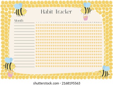 Monthly habit planner blank template with hand drawn bees and honeycombs background. Bullet magazine template with summer concept. Monthly planer.