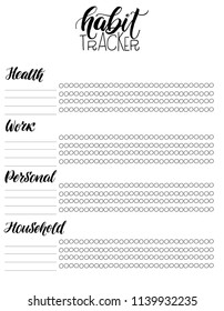 Monthly habit tracker blank with hand written cute lettering. Bullet journal template. Vector illustration. Isolated.