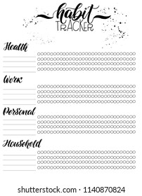 Monthly habit tracker blank with hand written cute lettering. Bullet journal template. Vector illustration. Isolated.