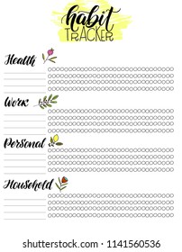 Monthly habit tracker blank with hand written cute lettering. Bullet journal template. Vector illustration. Isolated.