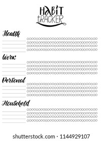 Monthly habit tracker blank with hand written cute lettering. Bullet journal template. Vector illustration. Isolated.