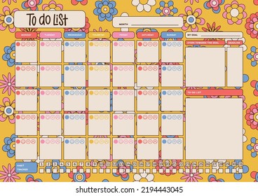 Monthly Habit tracker blank with Hand drawn 70s groogy floral texture. A4 Bullet journal template. Printable organizer, diary, planner for goals and emotion calendar. Vector illustration.
