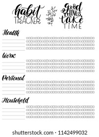 Monthly habit tracker blank with handwritten cute lettering quote. Bullet journal template. Vector illustration. Isolated.