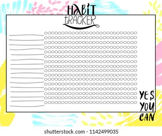 Monthly habit tracker blank with handwritten cute lettering quote. Bullet journal template. Vector illustration. Isolated.