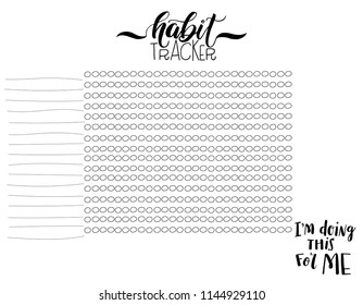 Monthly habit tracker blank with handwritten cute lettering quote. Bullet journal template. Vector illustration. Isolated.