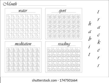 
Monthly habit tracker blank for painting. Set of habits to drink water, meditate, play sports and read in black and white in vector.