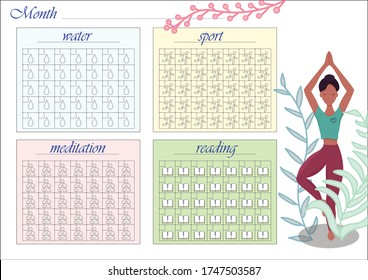 
Monthly habit tracker blank for painting. A colored set of habits to drink water, meditate, play sports and read in vector.