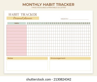  Monthly habit tracker template. Daily, monthly tracker of important habits with notes and rewards. Minimalist printable vector horizontal template.