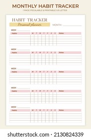 Monthly habit tracker template. Minimalist printable weekly, monthly habit tracker. Daily journal. Vector vertical template.