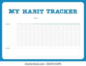 A monthly habit tracker template with spaces for habits, notes, and daily tracking. Ideal for organizing and maintaining personal habits over a 31-day period efficiently.