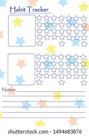 Monthly habits tracker blank decorated with colorful stars, frames. Printable pages for task organization or planning, scrapbooking. Bullet journal template. Additional lines for notes. Cute design.