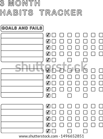 Monthly habits tracker blank decorated with frames. Printable pages for task organization or planning, scrapbooking. Bullet journal template. Simple black and white design. Self control