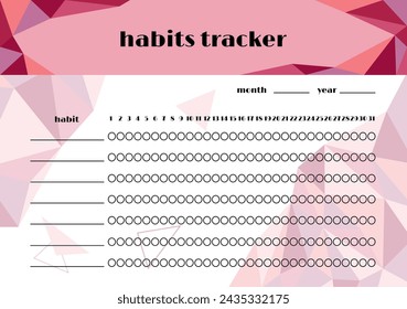 Monthly habits tracker template vector. Polygonal geometric design background with colorful triangle elements. A5 size horizontal page