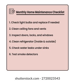 Monthly Home Maintenance Checklist Vector.