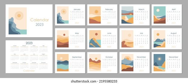Monthly horizontal wall calendar 2023 design tamplate. Abstract natural boho landscapes. Sunday start annual calendar. Set of 12 months. Cover A4 A3 A2 A5