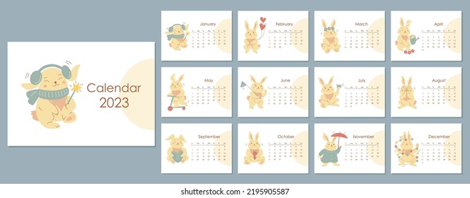 Monthly horizontal wall calendar 2023 tamplate with cartoon cute rabbits. Symbol of the chinese New Year. Sunday start calendar. Set of 12 months with kawaii character animals. Cover A4 A3 A2 A5