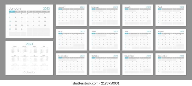 Monthly horizontal wall calendar 2023 design tamplate black, grey, green and white colors. Sunday start annual calendar. Set of 12 months. Cover A4 A3 A2 A5