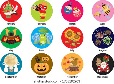 Monthly illustration icons on the Japanese calendar, illustrations are cranes, demons, dolls, bees, may dolls, frogs, sunflowers, fireworks, 15 nights, Halloween pumpkins, squirrels, Santa Claus
