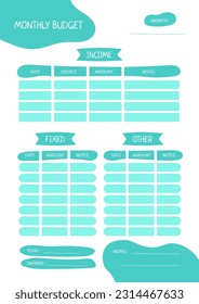 Monthly income and expense planner in light blue colors