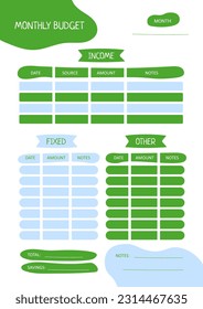 Monthly income and expense planner in shades of green