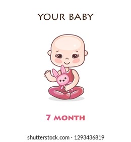 Monthly infant development. Stages of child development in the first year of life. Seven months baby. Colorful vector Illustration isolated on white background