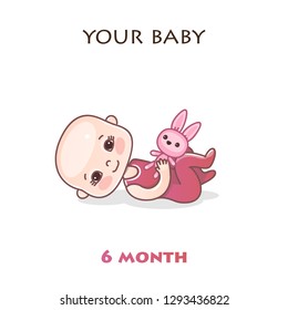 Monthly infant development. Stages of child development in the first year of life. Six months baby. Colorful vector Illustration isolated on white background