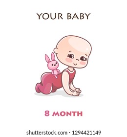 Monthly infant development. Stages of child development in the first year of life. Eight month old baby crawls on all fours. Colorful vector Illustration isolated on white background