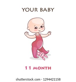 Monthly infant development. Stages of child development in the first year of life. Eleven month old baby learned to walk. Colorful vector Illustration isolated on white background