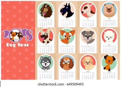 Monthly kids calendar 2018 with funny dogs, puppies