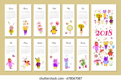 Monthly kids calendar 2018 with funny monsters. Concept, vector vertical editable template.
