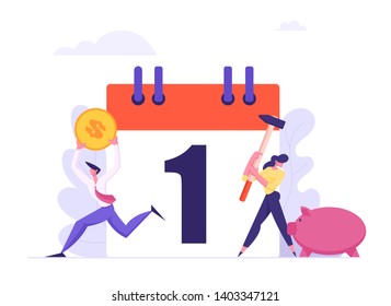 Monthly Loan Payment Concept. People Characters Pay the Bills Every Month Calendar. Financial Schedule with Money and Businessmen. Vector flat illustration