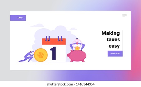 Monthly Loan Payment Concept Website Banner. People Characters Pay the Bills Every Month Calendar. Financial Schedule with Money and Businessmen Landing Page Template. Vector flat illustration