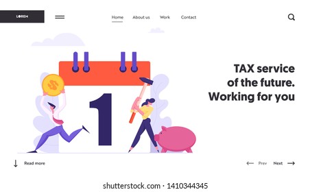 Monthly Loan Payment Landing Page Template. People Characters Pay the Bills Every Month Calendar. Financial Schedule with Money and Businessmen Banner Website. Vector flat illustration