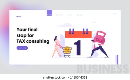 Monthly Loan Payment Landing Page Concept. People Characters Pay the Bills Every Month. Tax Calendar with Money and Businessmen Website Banner Template. Vector flat illustration