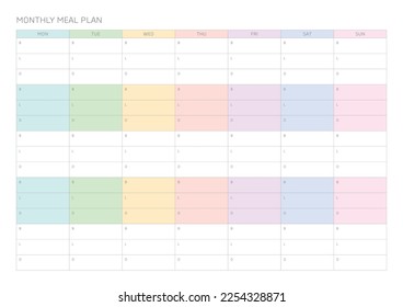 A monthly meal plan design template in a modern, simple, and minimalist style. Note, scheduler, diary, calendar, planner document template illustration.