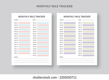 Monthly Mile Tracker, Vehicle Printable Mileage Log	