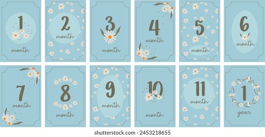 Tarjetas de aniversario de hitos mensuales para bebé. Conjunto de postales de felicitación de niños de Vector vintage con números y margaritas para un recién nacido. Imprimir Plantilla de la ducha del bebé.
