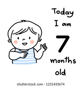 Monthly milestone baby card. Cute little boy celebrating memorable moment of the age of 7 months, pointing to wording "Today, I am 7 months old" which written on card. Doodled Baby milestone card.