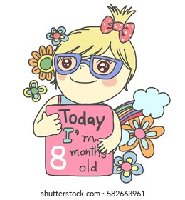 Monthly milestone baby card. Cute girl holding card to celebrate a memorable moment of the age of 8 months. "I'm 8 months old" written on card. Cute card with blossom and rainbow.
