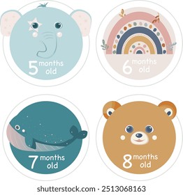 Tarjetas de hitos mensuales para la sesión de fotos de bebés con animales y arco iris. 5, 6, 7 y 8 meses.	