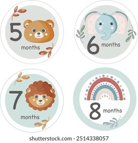 Tarjetas de hitos mensuales para la sesión de fotos de bebés con animales y arco iris. 5, 6, 7 y 8 meses.	